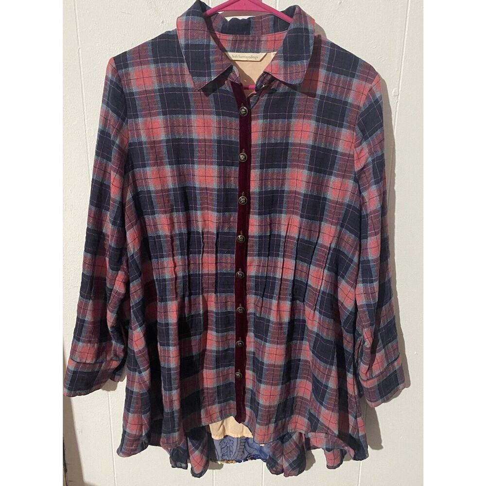 Soft Surroundings Plaid Paisley Button Down Blouse EUC Size Petite Small Pink